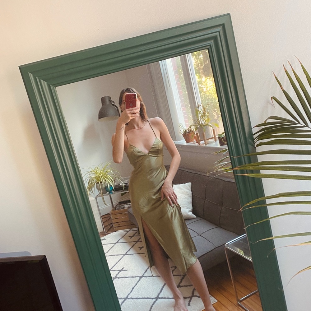 Hello Molly Long Green Silk Slip Dress